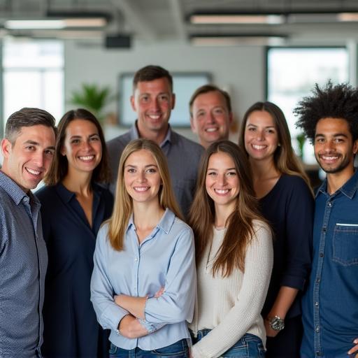 Glimlachend team van DuneForge in een modern kantoor