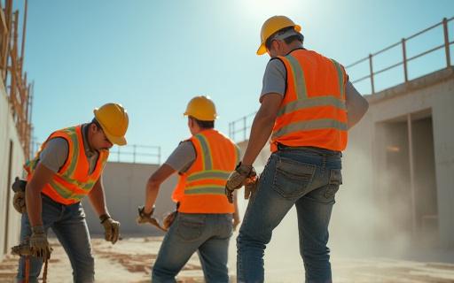 職人が安全ヘルメットを着用して建設作業を行っている写真